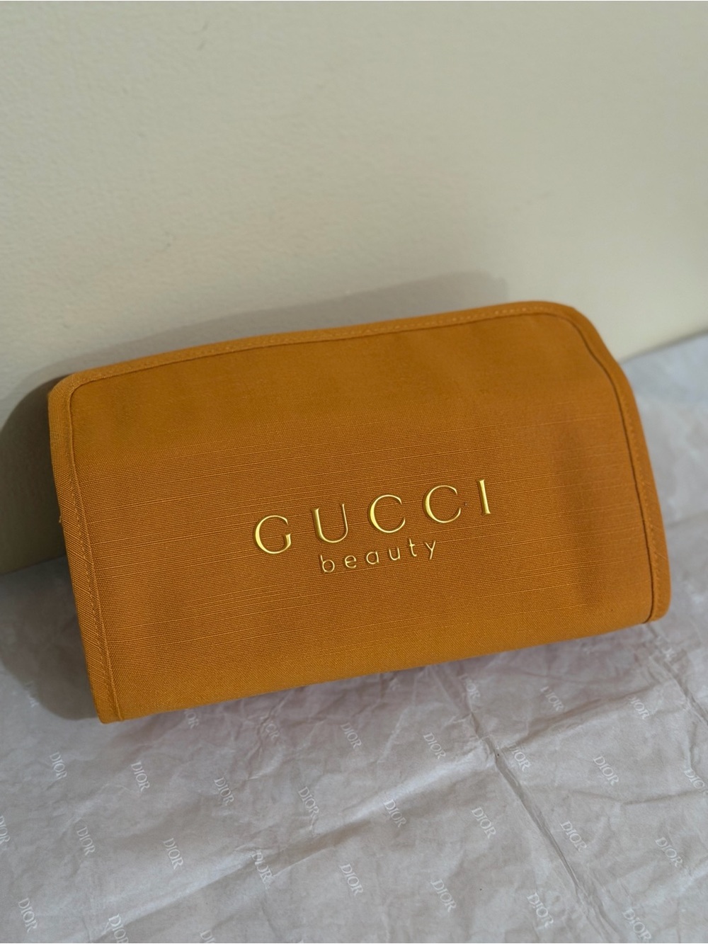 Brand new Gucci mustard yellow beauty travel Pouch with Gold Logo